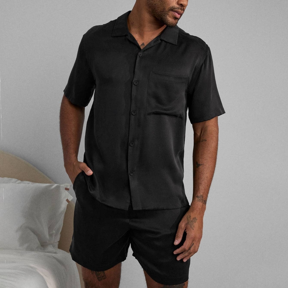 Black Silk Short Sleeve Button-Up Shirt and Shorts Set